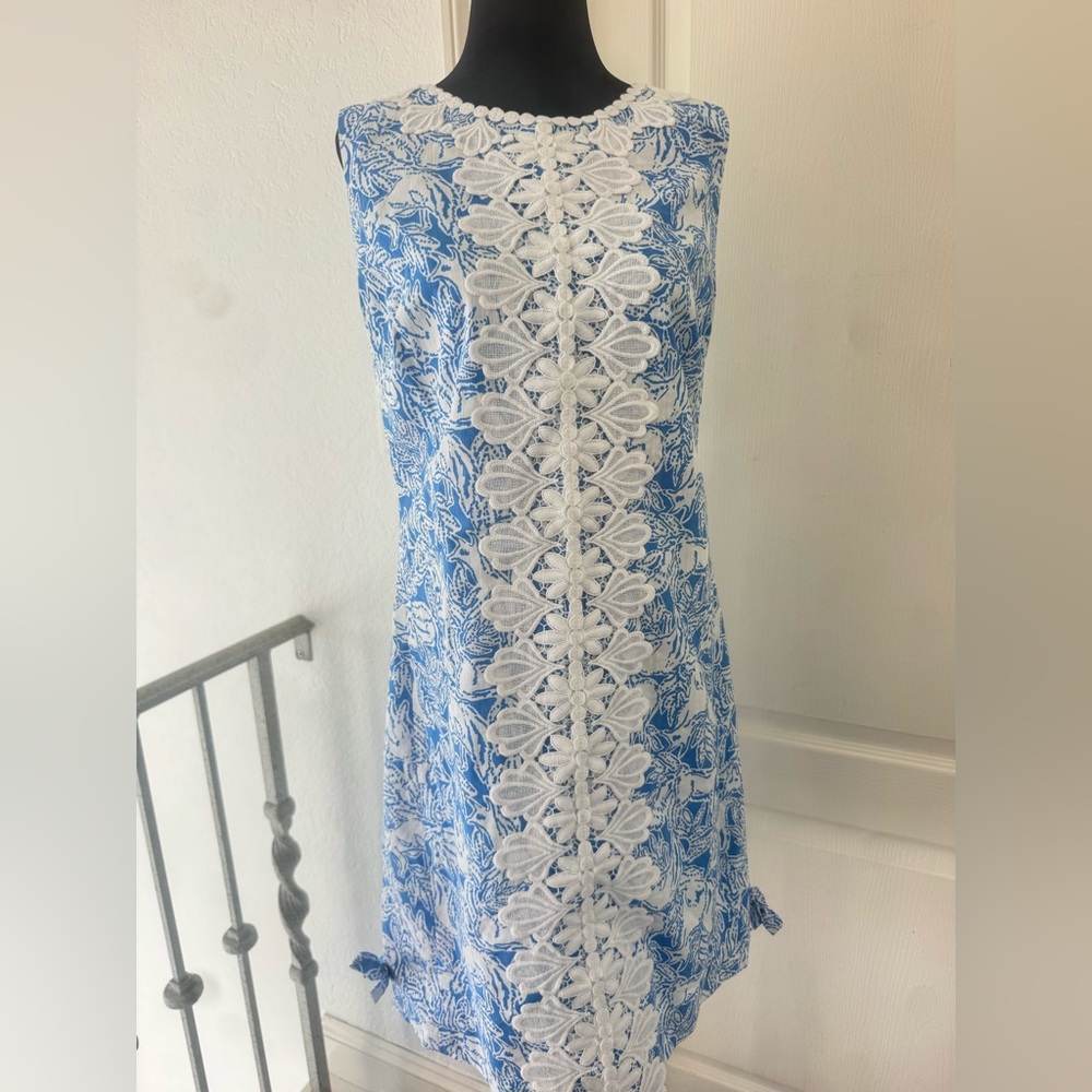 Lilly Pulitzer Sz 14 MELANI SHIFT DRESS Coastal Blue Fancy Feet with White Lace - Picture 4 of 14